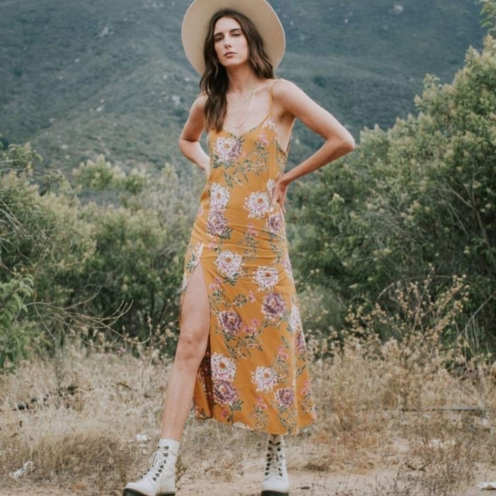FLYNN SKYE Jeanette Slip Dress Yellow Floral Midi Small